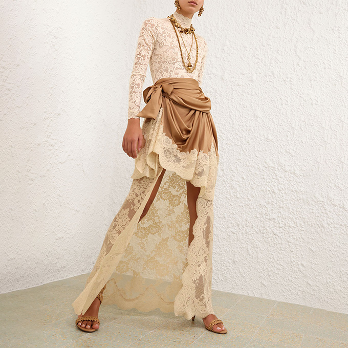 zimmermann rebellion silk satin lace midi skirt